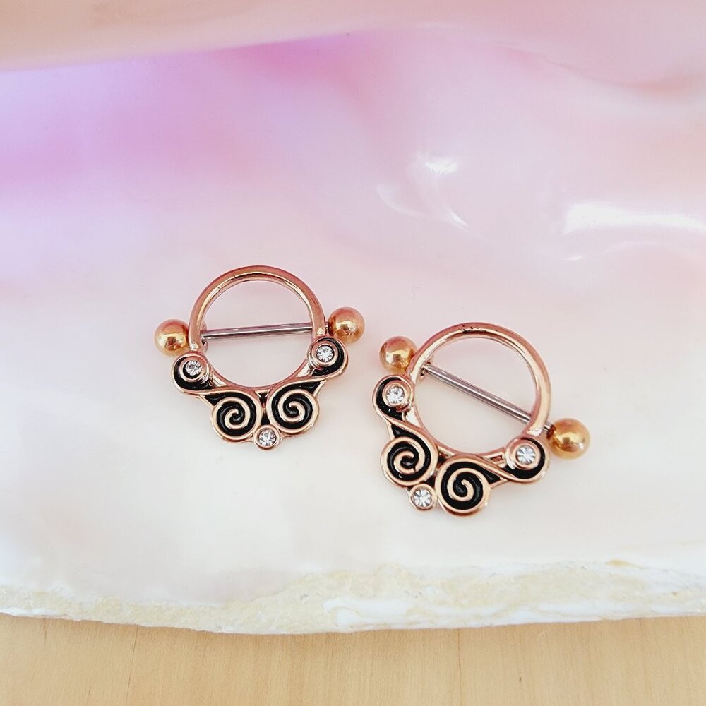 14G Swirl nipple shield rose gold plated - sold as a pair